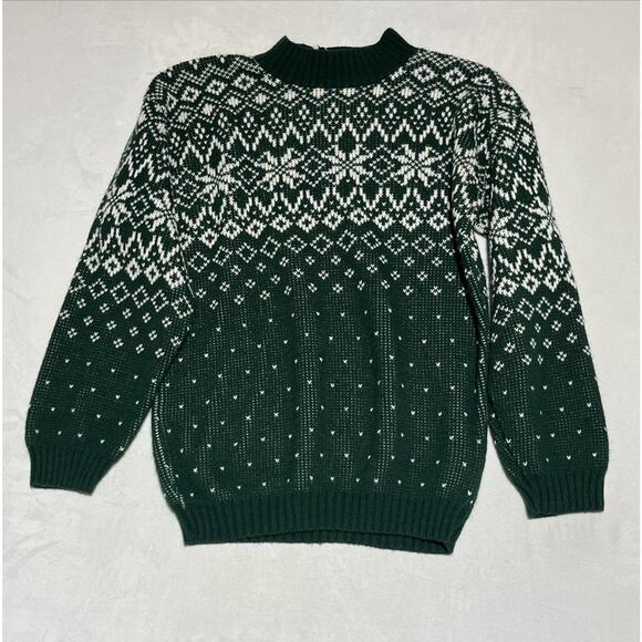 Vintage Carly Blake Sweater Size Medium Green Snowflake Fair Isle Ski Made USA - Picture 1 of 11